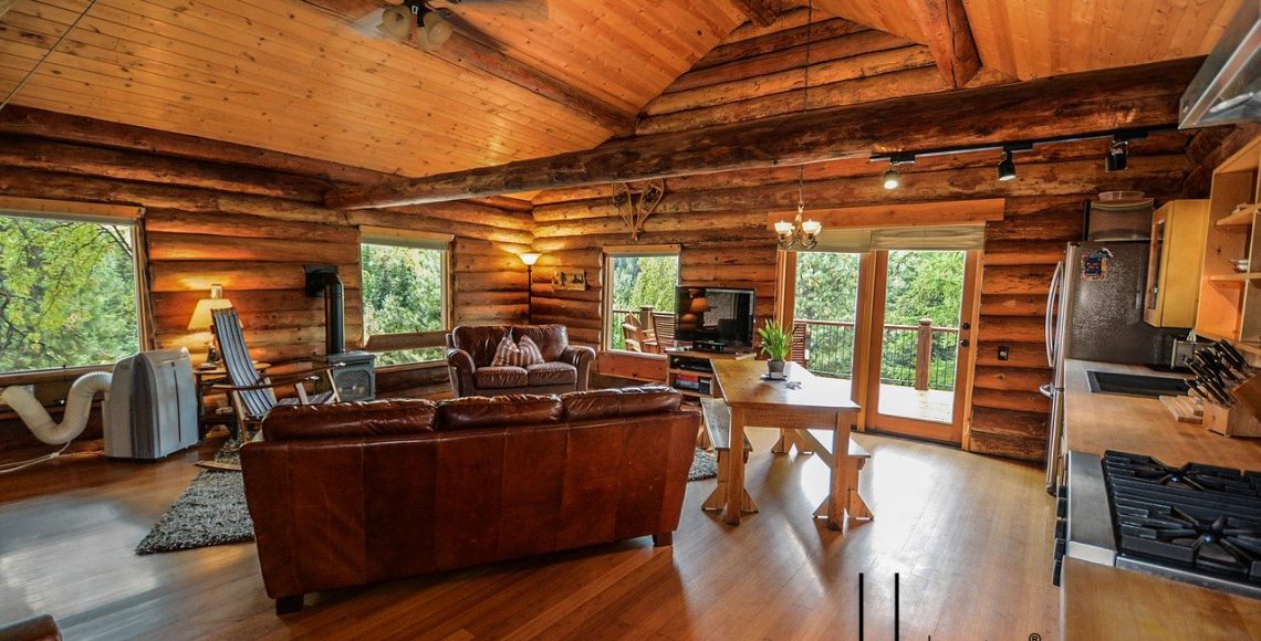 A rustic log home with a contemporary interior